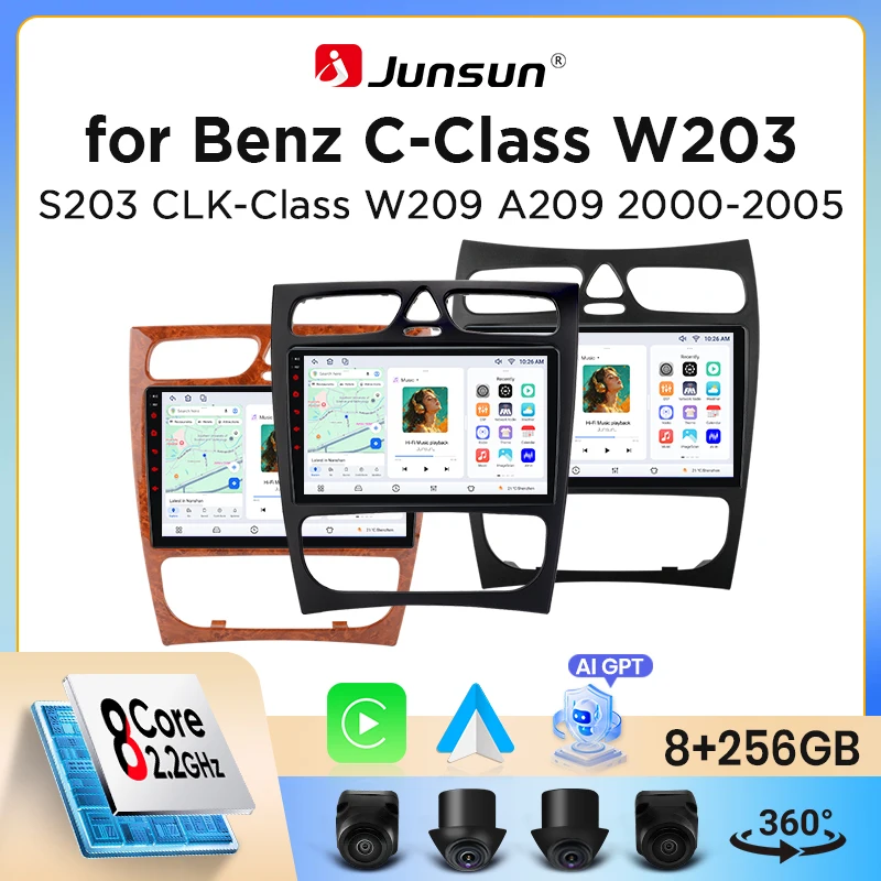 Radio para coche Junsun con CarPlay inalámbrico y Android Auto para Mercedes-Benz Clase C (W203) / Clase CLK (C209/A209) 2000-2009, con ventilador de refrigeración integrado, GPS Android, reproductor multimedia, WiFi, DSP, RDS, BT, SWC, pantalla táctil IPS, autorradio, reproductor de video, unidad principal estéreo. 1