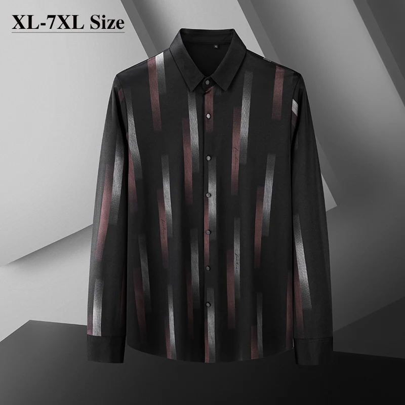 

Plus Size 7XL 6XL Men's Fashion Printed Long Sleeve Shirts High Elastic Non-ironing Loose Business Casual Shirt Party Dress