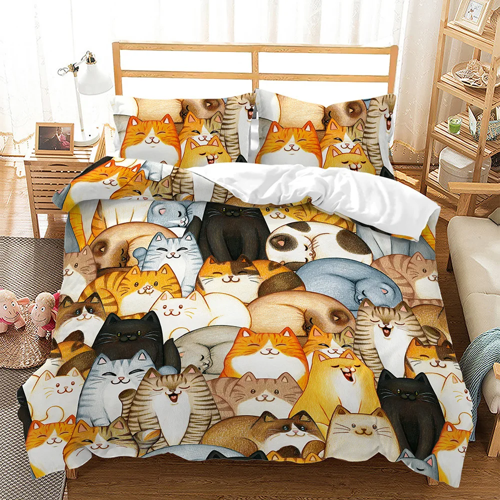 

Cute Cartoon Cat Bedding Set Soft Microfiber Bed Linen with Pillowcases Queen King Single Size Animals 2/3pcs Duvet Cover Set