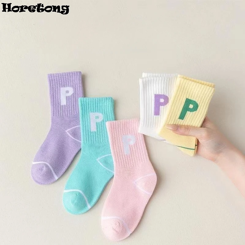 Horetong 5 Pairs/Lot Children's Fashion Letters For Girls Kids Autumn Comfortable Sports Casual School Cotton Middle Tube Socks 5