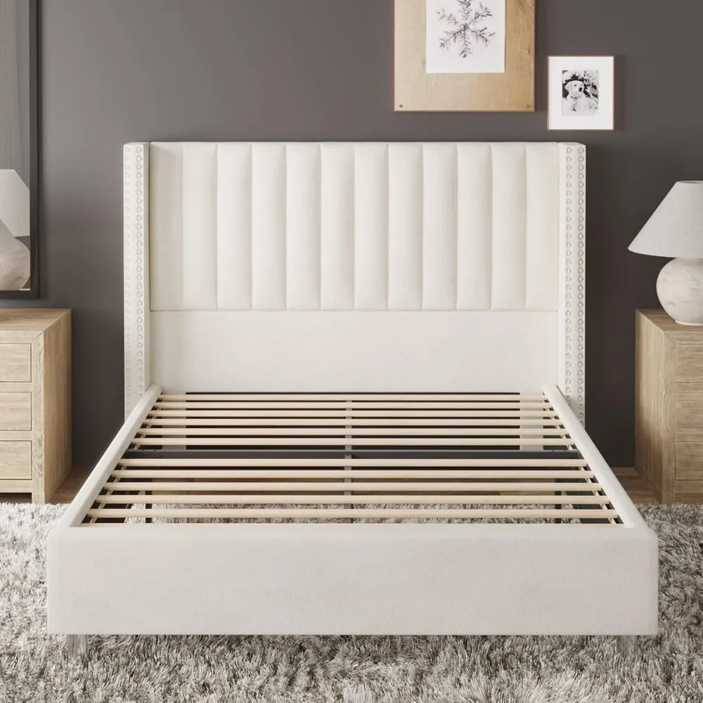 Queen Size Bed Frame Upholstered Platform Bed with Tall Headboard Wingback,Velvet,No Box Spring Needed,Easy Assembly 6