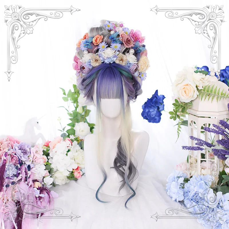 

Female Dreamy Colourful Purple White Gradual Change Long Wavy Curly Bangs Wig Women Wigs Lolita Cosplay Party