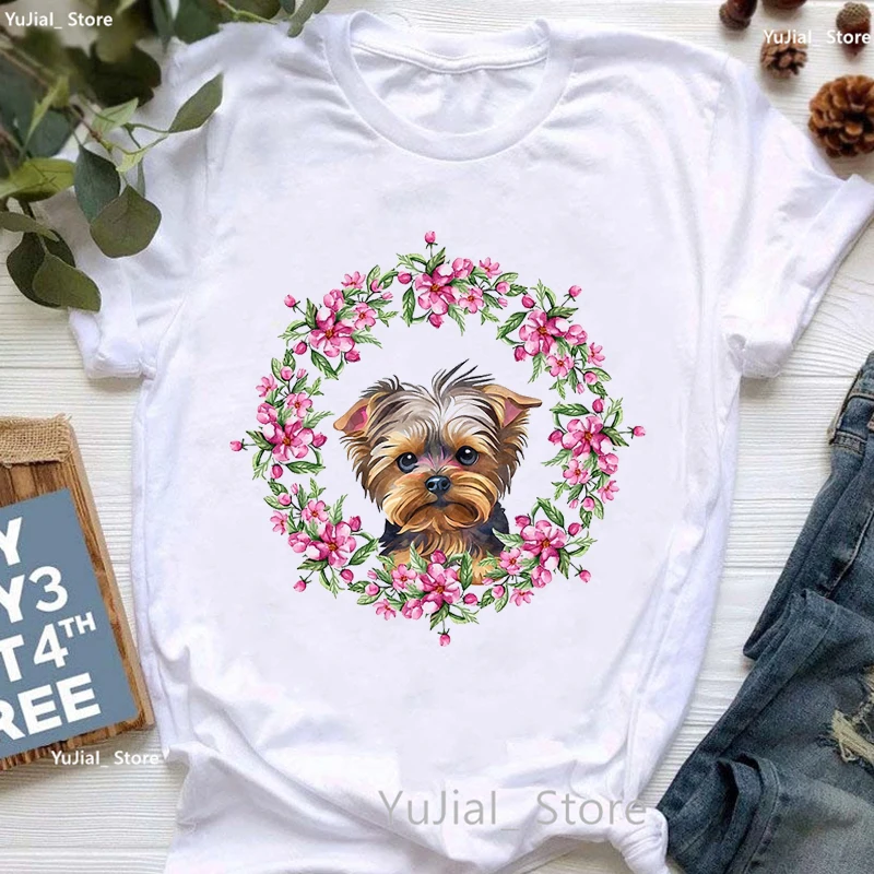 Golden Puppy Suower Dog Lover T Shi Girls Kawaii Clothes Summer Fashion Tops Shi Femme Pug/Yorkie/ Shohaired388_voghion.com