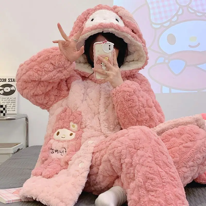 

Winter New Women Coral Fleece Three-Layer Quilted Fleece-lined Thickened Nightclothes Sets Female Hooded Warm Casual Homewear