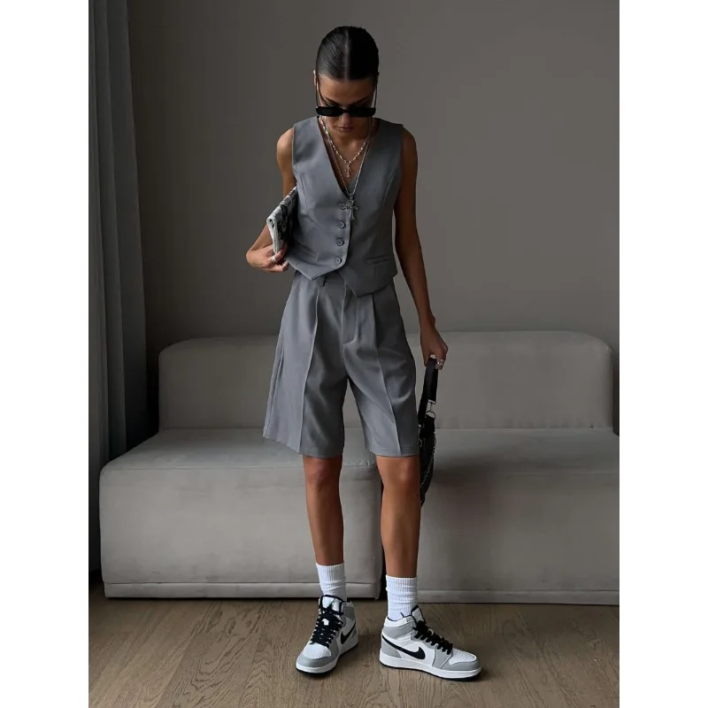 V-Neck Sleeveless Female 2 Piece-Set Casual Slim Straight Trousers Pocket Solid High Street Outfits Fashion Shorts Sets