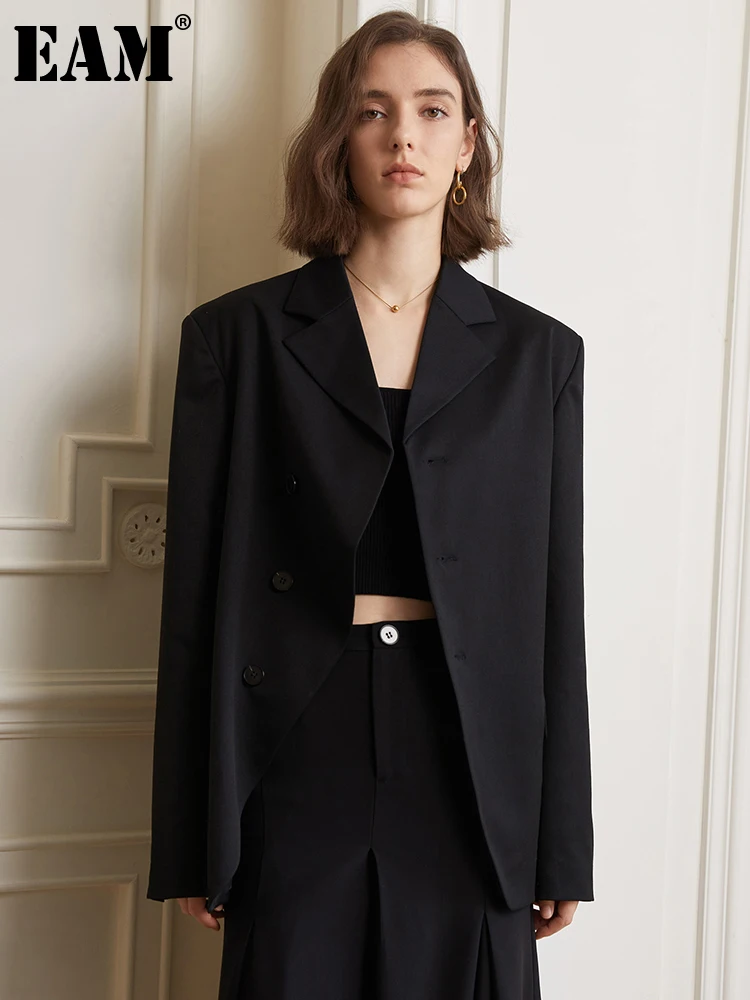 

[EAM] Women Black Irregular Shaped Big Size Blazer New Lapel Long Sleeve Loose Jacket Fashion Tide Spring Autumn 2023 1DF8907