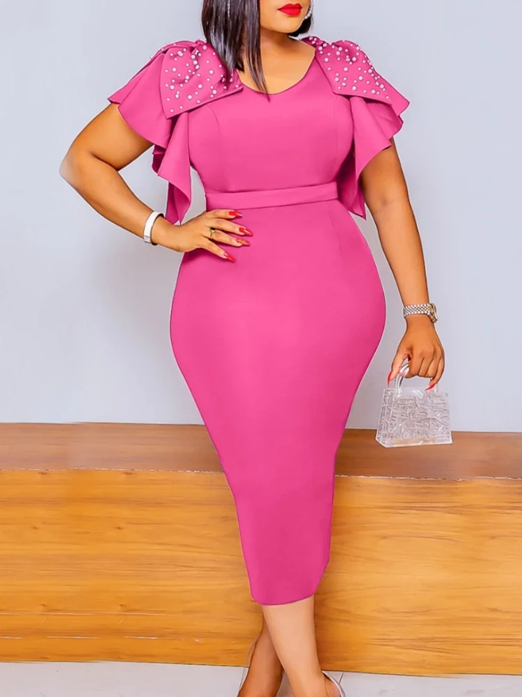 

Women Pencil Bodycon Dresses Short Ruffles Sleeves Beaded High Waist African Robes Evening Occasion Gowns Female Summer 2023