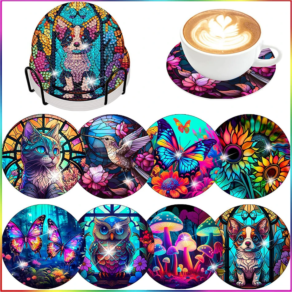 

SDOYUNO 8pcs DIY Diamond Painting Coaster Bird Butterfly Cup Cushion Table Placemat Insulation Pad Home Decoration Handmade Gift