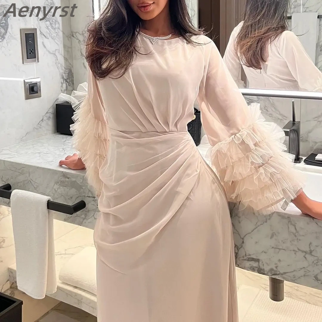 

Saudi Arabia O-neck Prom Dress Ankle Length Ruffles Full Sleeves New Elegant Party Gowns Champagne Formal Women Evening Dresses