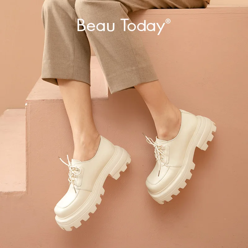 

BeauToday Platform Shoes Women Genuine Cow Leather Lace Up Square Toe Casual Female Derby Shoes Handmade 21902