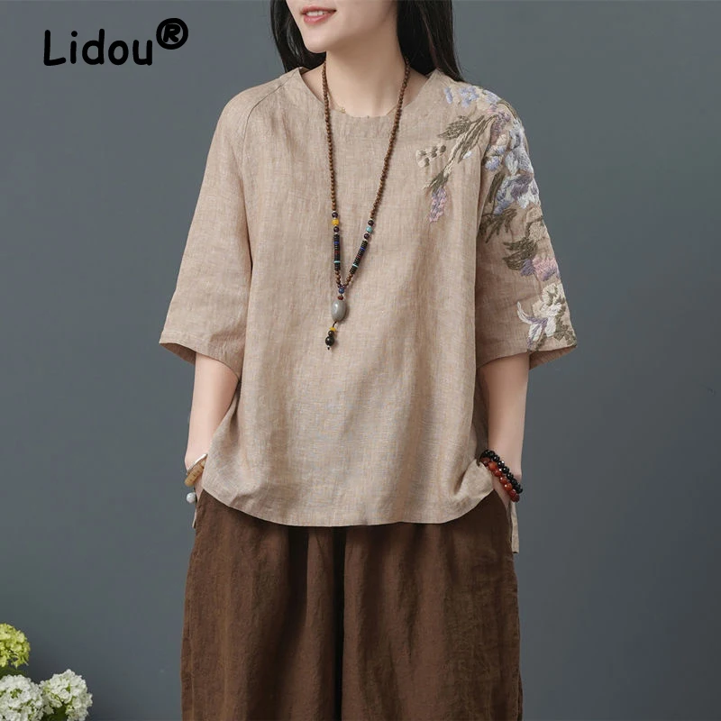 

Women Vintage Embroidery Chinese Ethnic Style Irregular Cotton Linen T Shirt Summer O Neck Half Sleeve Loose Pullover Tops Ropa