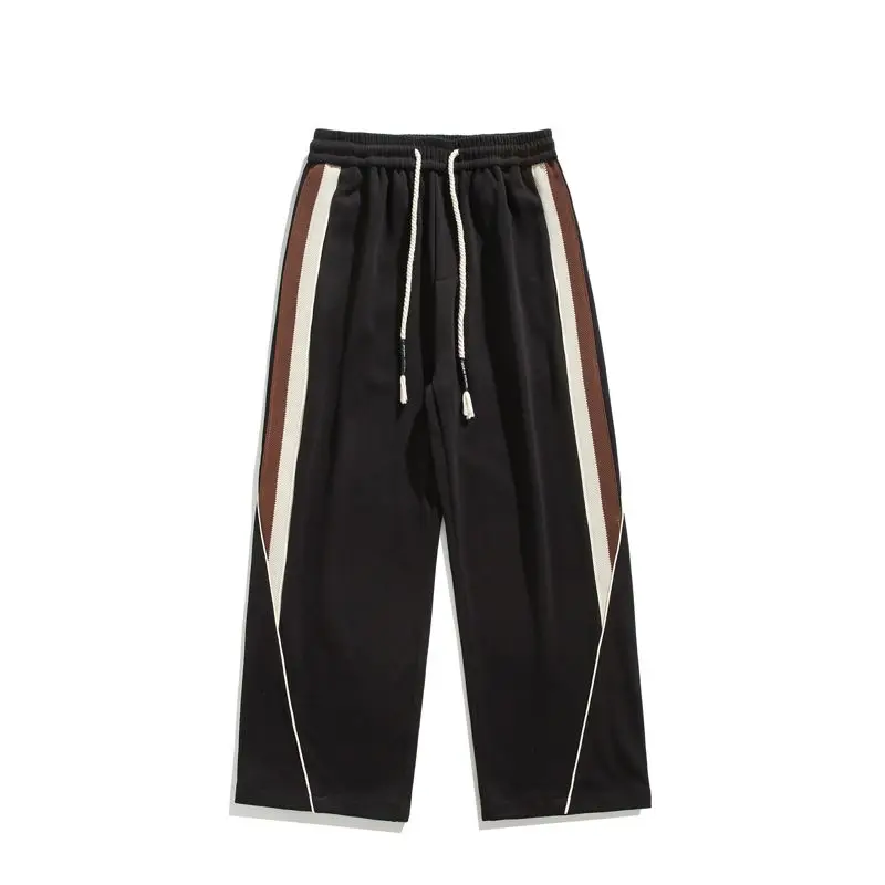 2023 Autumn New Contrast Stripe Spliced Sports Pants Solid Drawstring Pocket American High Street Loose Wide Leg Casual Trousers