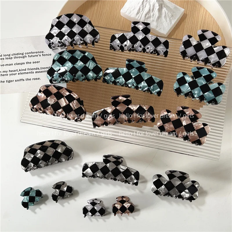 

New Acetate Hair Claw Clip Geometric Checkered Plaid Grid Hair Clips Medium Size Clamps Ins Vintage Girls Women Accessories