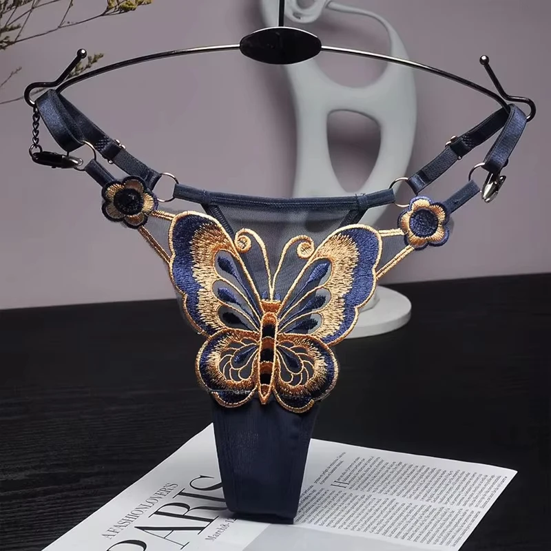 New Sexy Lace Thong Women Butterfly Low Waist Panties G strings Transparent Mesh Briefs Adjustable Waist Panties Culotte Femme