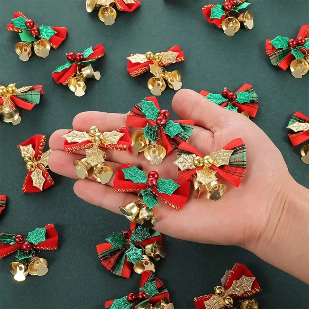 10PCS Christmas Bow with Bells Mini Bowknot Christmas Tree Garland Hanging Ornaments Xmas New Year Party Decorations