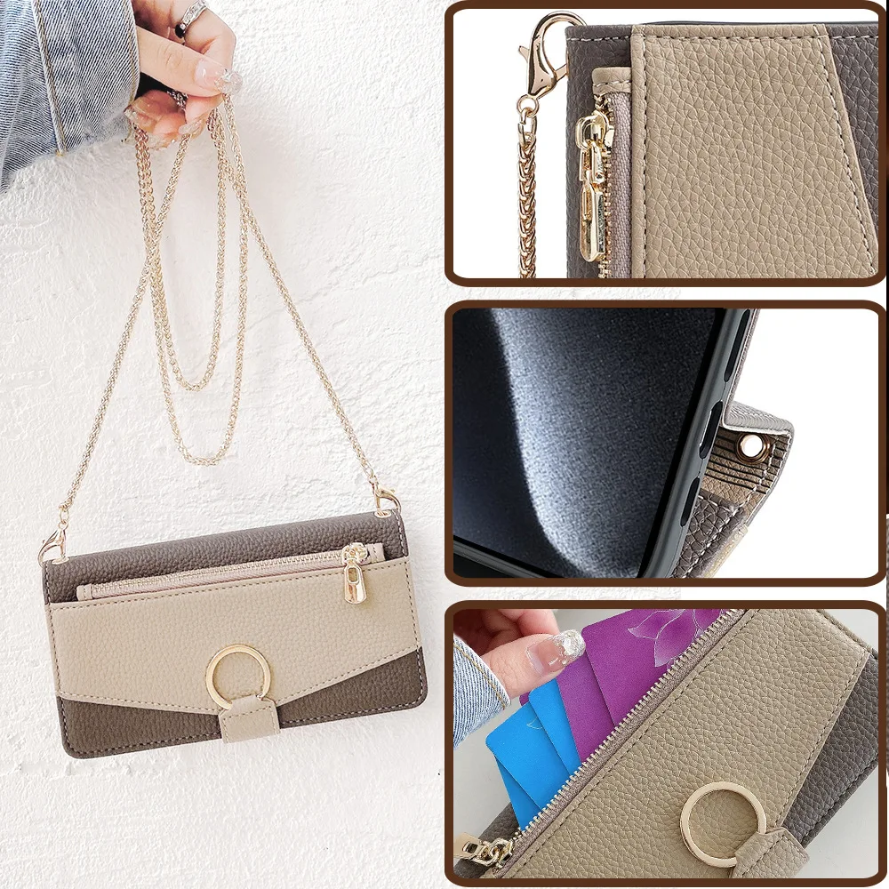 Elegant Leather Crossbody Phone Wallet with Flip Mirror Cover and Long Lanyard