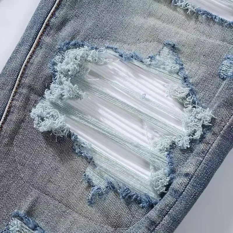 Fashion Streetwear Men Jeans Retro Blue Stretch Skinny Fit Ripped Jeans Men Hole Leather Patched Designer Hip Hop Brand Pants