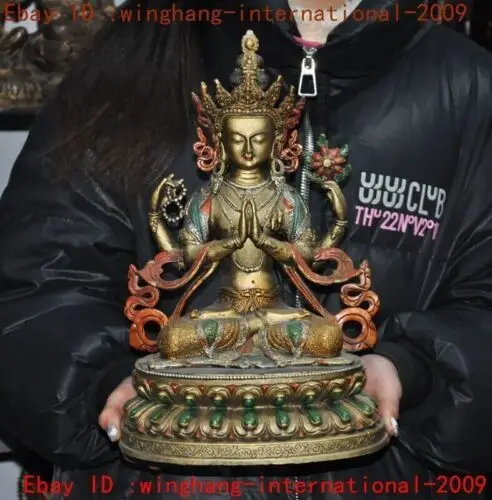 

13"Old Tibetan Bronze Gilt 4 Arms Chenrezig tara Kwan-Yin Guanyin Buddha statue