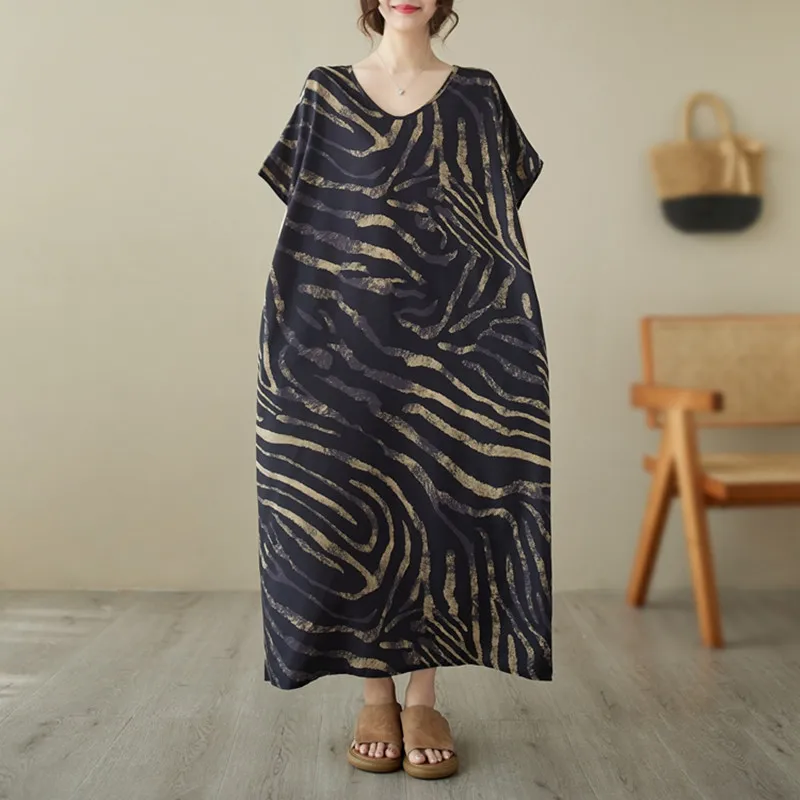 

2023 New Arrival V-neck Print Zebra Stripe Thin Light Soft Loose Summer Dress Fashion Women Travel Casual Beach Style Long Dress