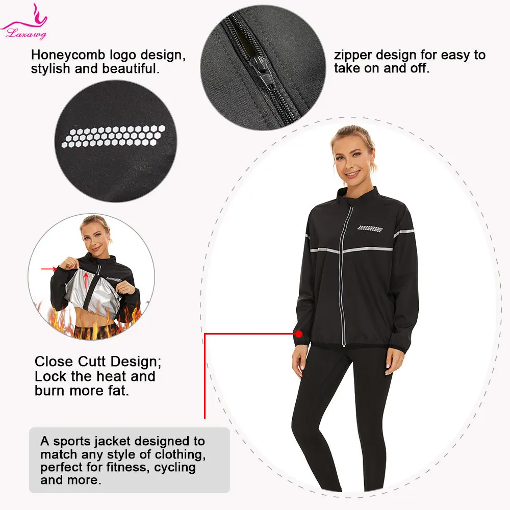 LAZAWG Sauna Jacket for Women Weight Loss Top Hot Sweat Long Sleeves Fitness Body Shaper Thermal Ladies Workout Top Sport Gym