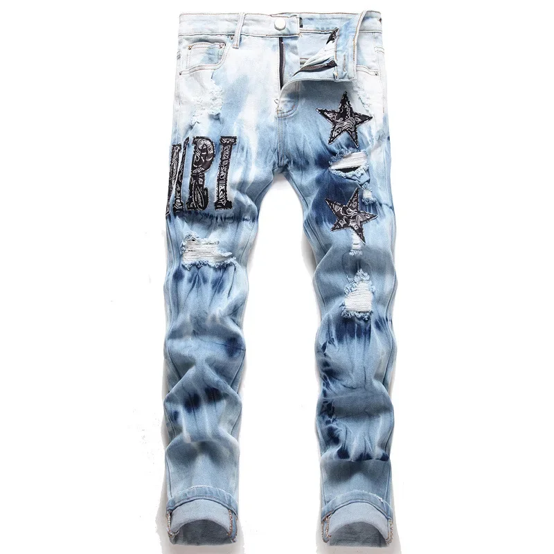 Men's Jeans Ripped Embroidered Letter Star Fashion Elastic Slim Fit Feet Brand Street Motorcycle Pant Mens Jean men jeans ripped jeans ripped patchwork jeans