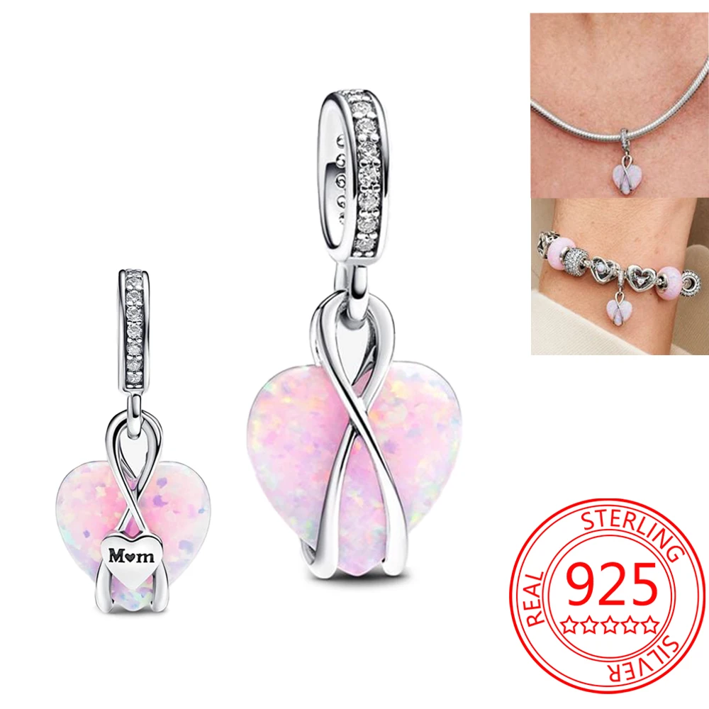 

Beautiful 925 Sterling Silver Mum Opalescent Heart Dangle Charm Fit Pandora Bracelet Jewelry Gift For Mother's Birthday Party