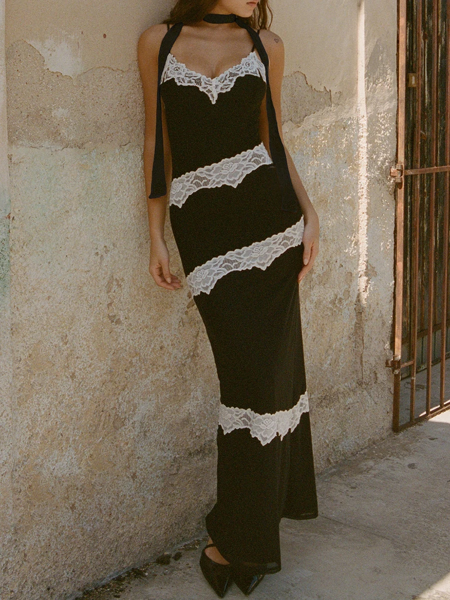 

Женское длинное комбинированное платье без рукавов, лоскутное летнее коктейльное платье на бретелях-спагетти с V-образным вырезом и открытой спиной