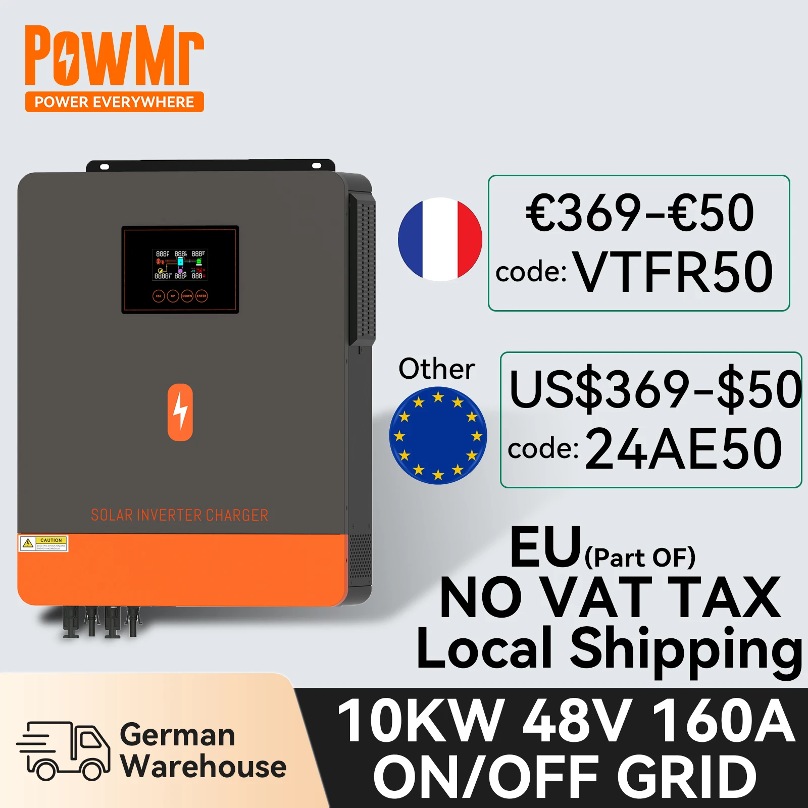 Powmr 48V 10Kw Mppt Inverter Solare Ibrido On Grid Off Grid Inverter A Onda Sinusoidale Pura Grid-Tie 160A Dual Pv Input Dual Ac Output