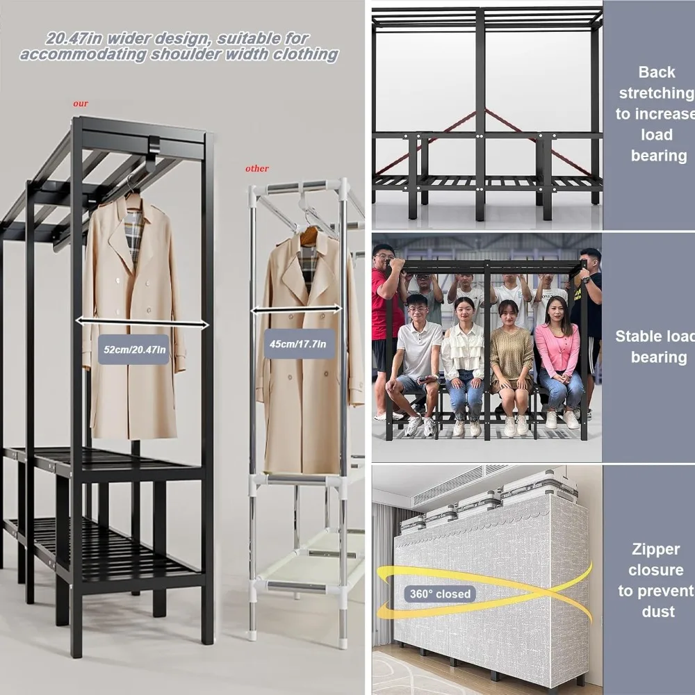 Portable Wardrobe Closet Rack,1100lbs,Heavy-Duty Foldable Garment Rack With Cover，Freestanding Clothes Organizer, Wardrobes 6