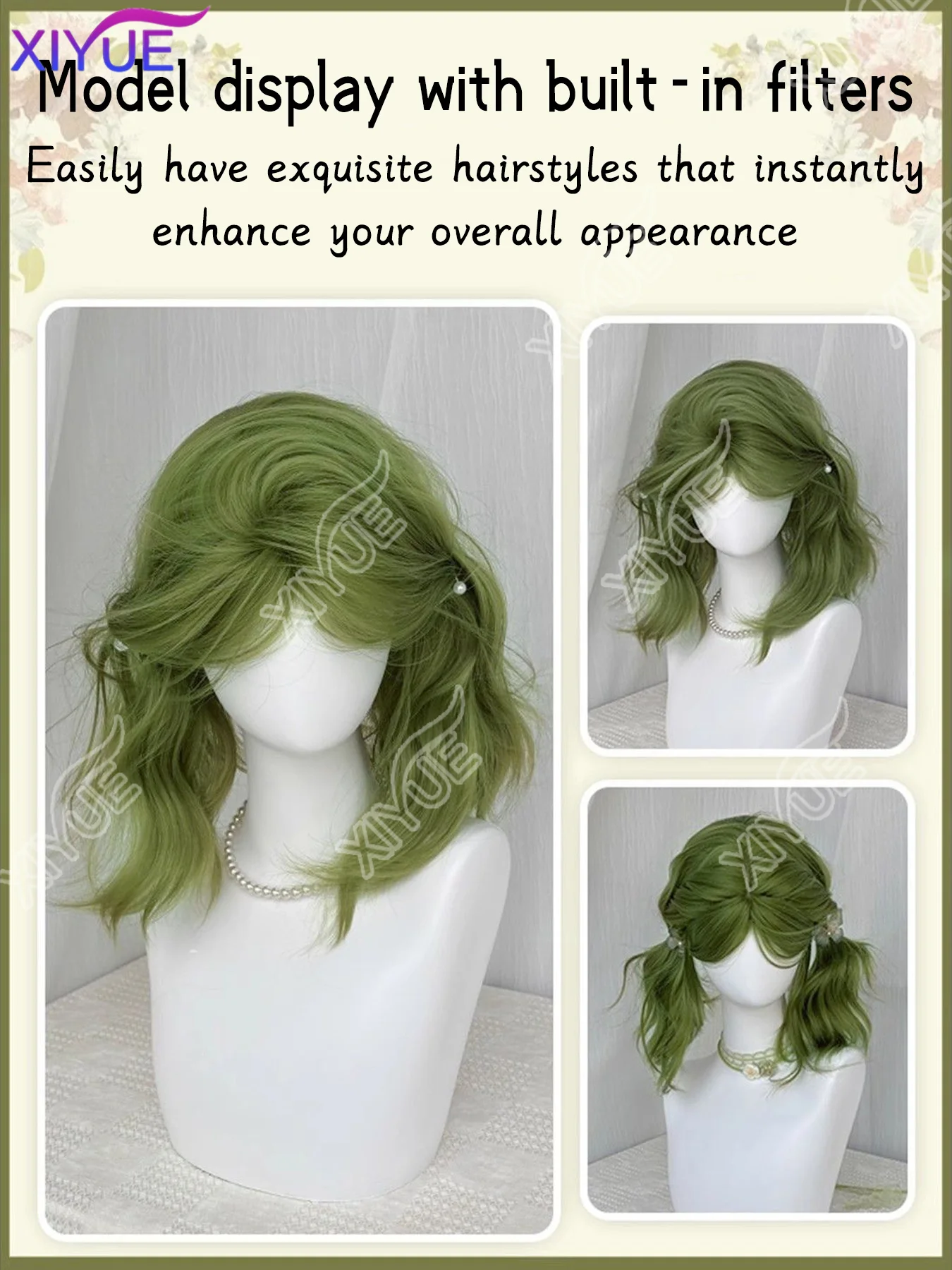 XIYUE High Density Synthetic Short Wave Green Wig for Women Daily Party Shoulder Length Wavy Hair Wigs with Curtain Bangs