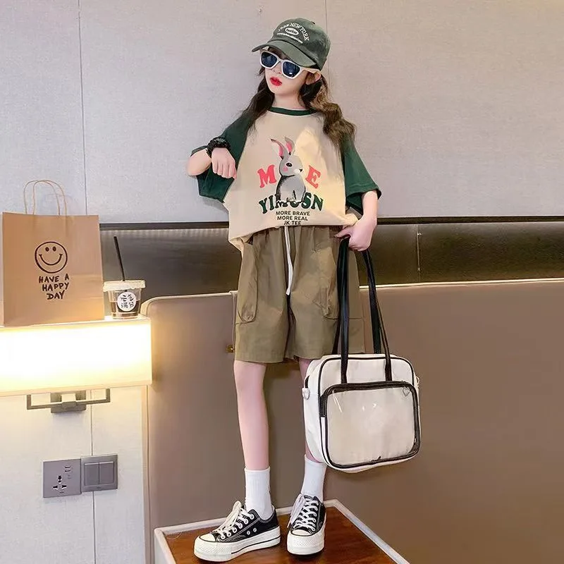 

Girls' summer clothes children's short sleeve top shorts 2-piece children's sportswear 5-16 years old girls' casual wear