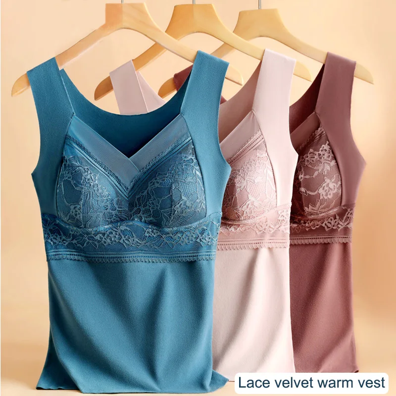 

Thermal Tops Vest For Women Winter Sleeveless V Neck Sexy Lace Warm Tops With Bra Plus Size Seamless Thin Velvet Underwear 4XL