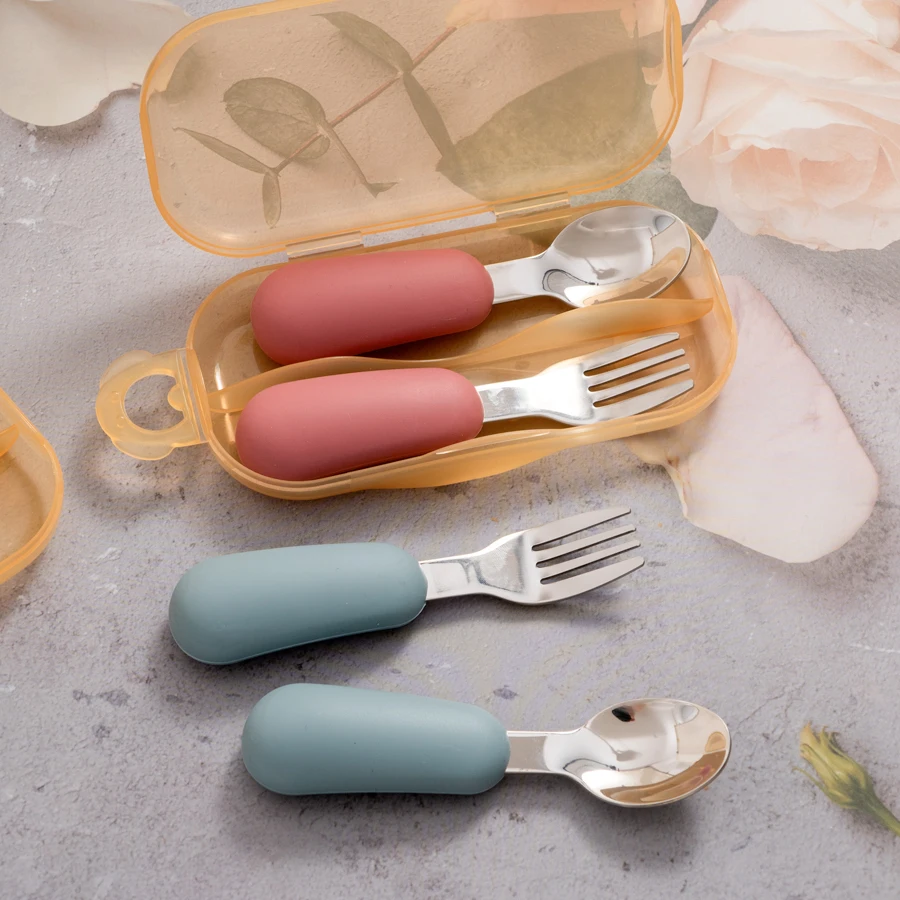 2PCS Baby Silicone Stainless Steel Fork Spoon Portable Baby Tableware Feeding Training Baby Utensils Solid Color Baby Stuff 3