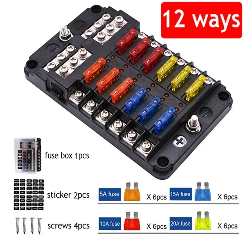 6-Way or 12-Way Car Boat Fuse Box Block Holder LED 32V 12V Waterproof Indicator Marine Power Auto Panel Board Distribution P2K5