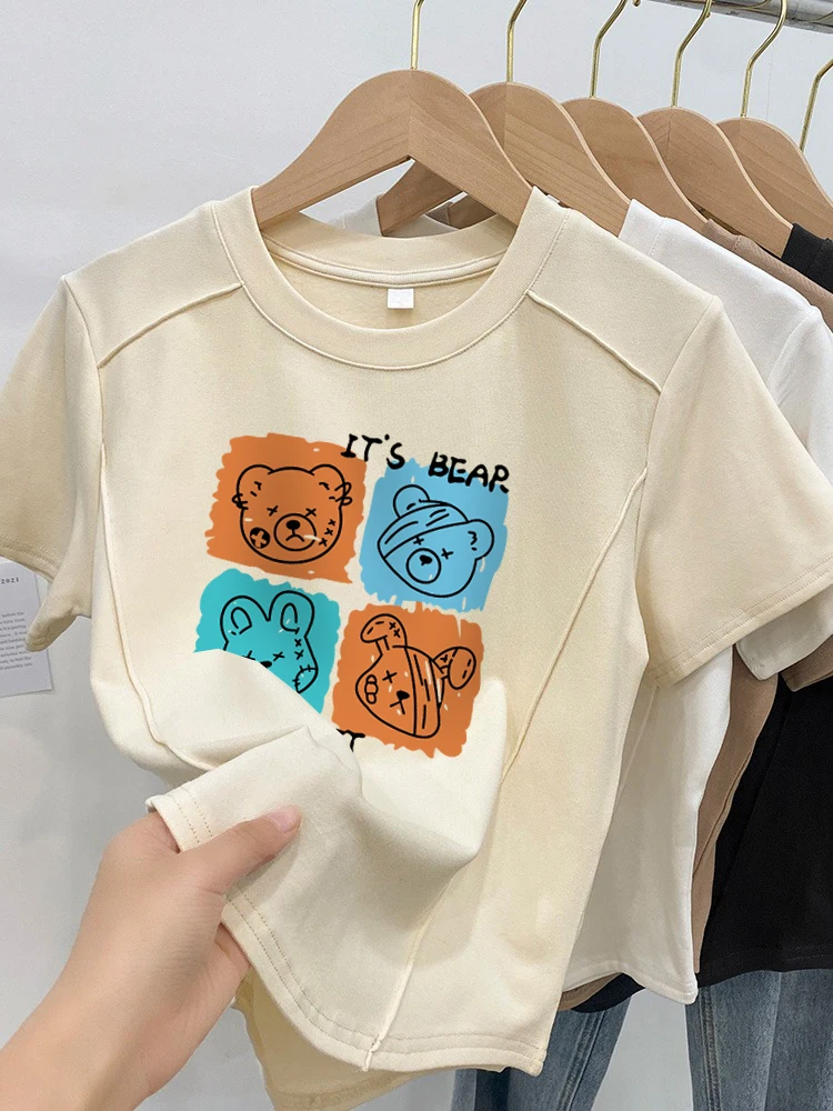 

Plus Size M-4XL Slim Short T Shirt Cotton Cartoon Printed Crop Top O Neck Tshirt Short Sleeve Top 200lbs Women Summer T Shirt