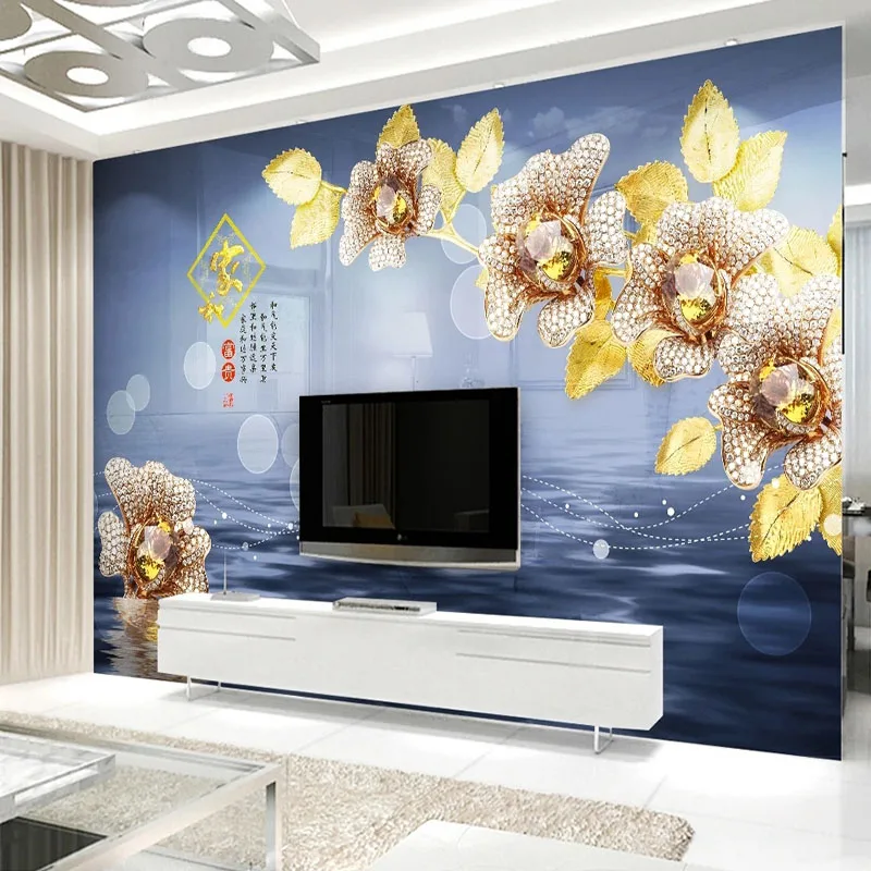 Customize Any Size 3D Golden Diamond Jewelry Flower Relief TV Backdrop Mural Wallpaper For Bedroom Walls Papel De Parede Tapety modern organizer flower shelf jewelry bedroom metal display backdrop plant shelves indoor room scaffale per balcony furniture