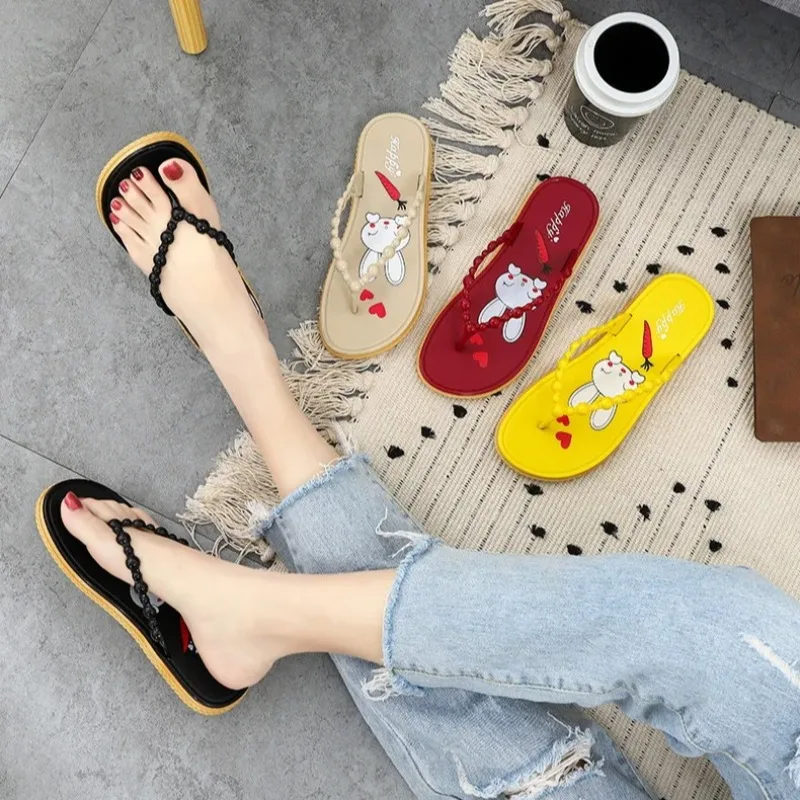 Cute PVC Rabbit Women's Slippers Non-Slip Thick Sole Bath Beach Sandals Summer Outdoor Casual Comfortable Flip Flops for Ladies