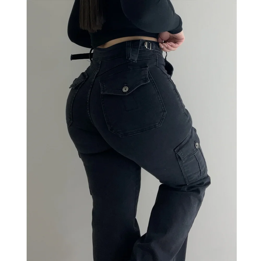Women Straight Cargo Jeans Women's Streetwear Stretchy High Waisted Jeans Unique Multi-Pocket Female Trousers Pocket Design 3