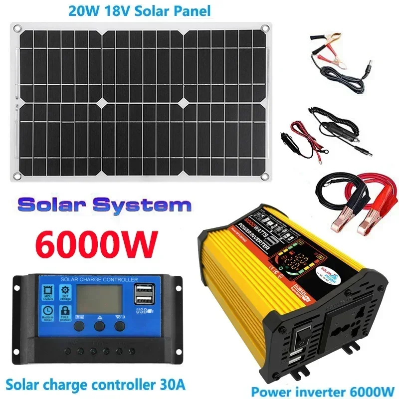 12V to 110V/220V Solar Power System 20W Solar Panel + 30A Charge Controller + 6000W Modified Sine Wave Inverter Power Generation Kit solar panel kit solar controller grid solar inverter