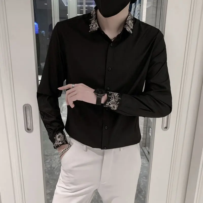 Men's Spring Autumn New Embroidery Solid Color Blouse Long Sleeve Polo Neck Slim Youth Shirt Tops Fashion Trend Men Clothing