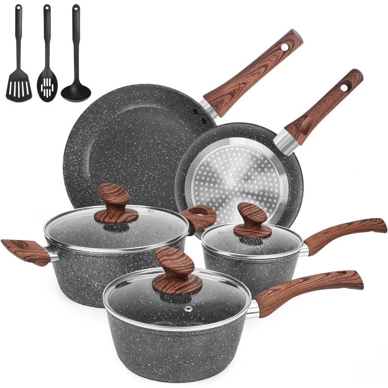 

Granite Pots and Pans Set Ultra Nonstick, 11 Piece Die-Cast Cookware Sets with Frying Pan, Sauce Pan, Stockpot