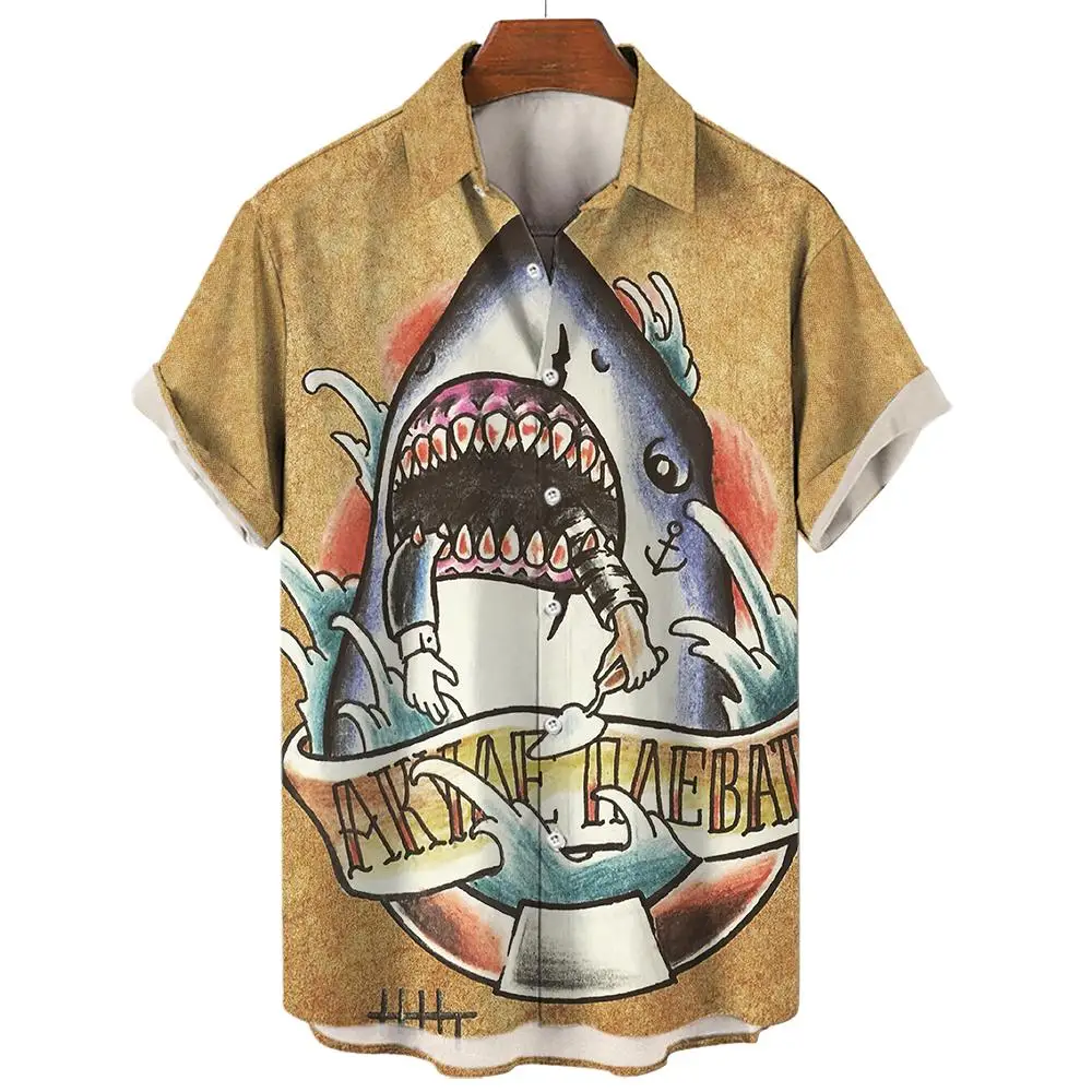 New Men's Hawaiian Beach Button Shirts Short Sleeve Animal Shark 3D Print Casual Lapel Fashion Collar Retro Clothes Hiphop 5