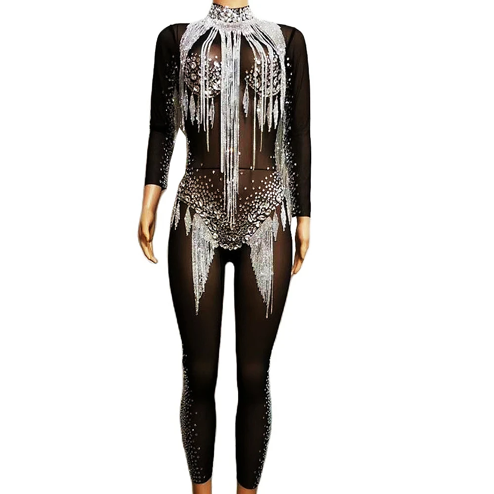 

Sparkling Diamonds Women Silver Fringes Jumpsuit Nightclub Pole Dance Costume Evening Prom Mesh See Through Celebrate Stage Wear