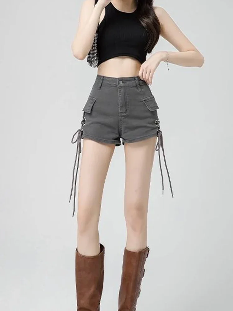 2024 Vintage Streetwear Denim Cargo Shorts Women Sexy High Waist Grey Shorts Slim Lace Up Amercian Retro A Line Shorts