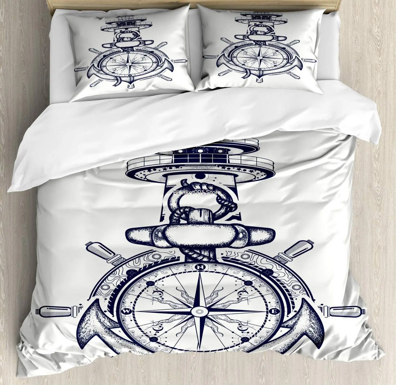 

Nautical Duvet Cover Set Marine Composition of Anchor Steering Wheel Lighthouse and Compass Decorative 3 Piece Bedding Set