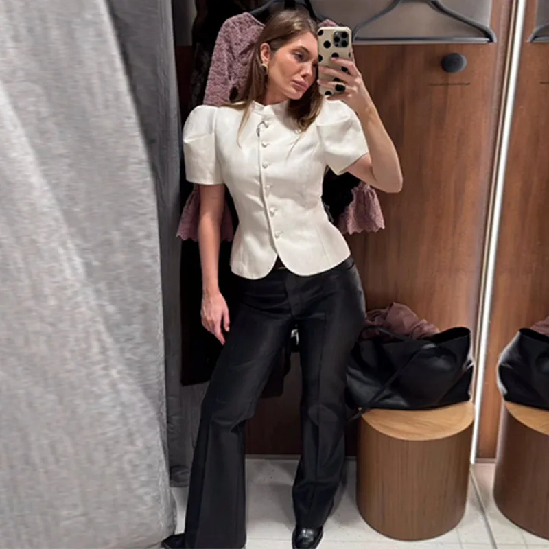 Elegant Single-breasted Short Sleeve Top Women's Solid O-neck Tank Tops Coat 2026 Spring Summer New Ladies High Street Outwear