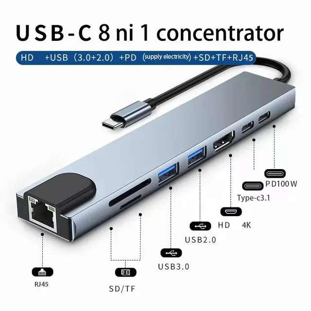 type c extender 8 in 1 usb hub with hdmi laptop converter usb c to usb