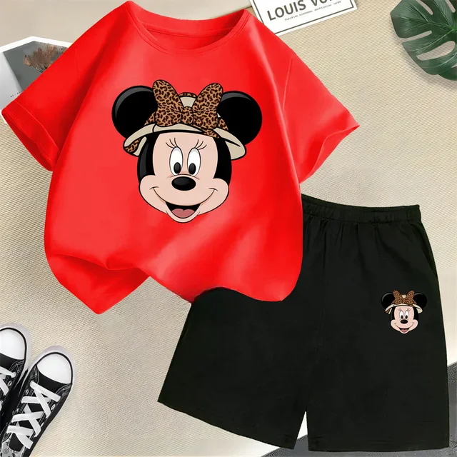 thumbnail image 1 of Conjunto de camisetas y pantalones cortos de verano con estampado de Mickey para niños y adolescentes de 2 a 14 años, camisetas informales de manga corta y cuello redondo, 2 piezas, 1 of 5