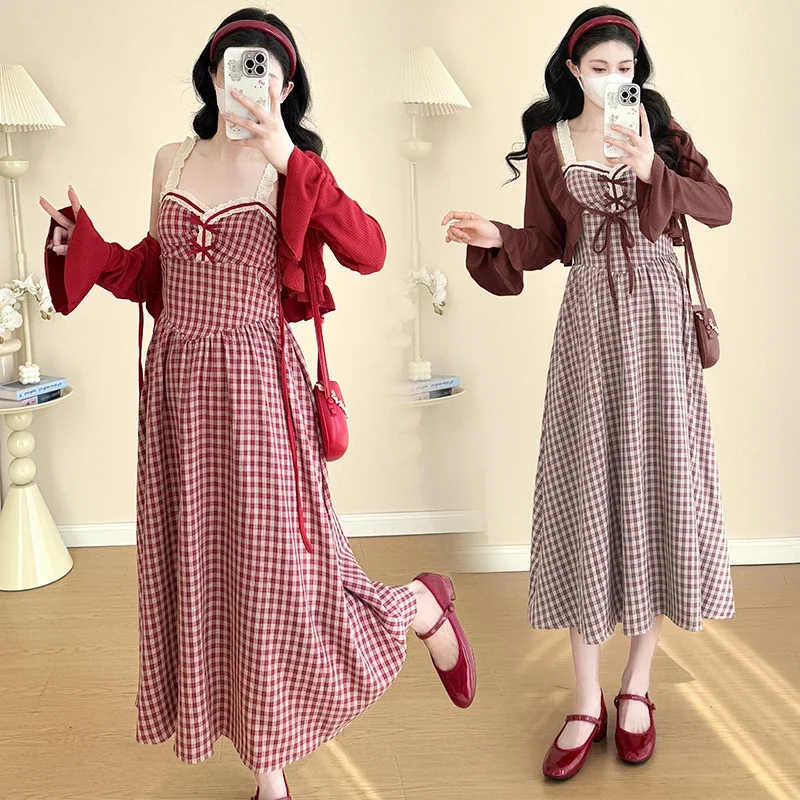 Spring Maternity Dress Suits Long Flare Sleeve Cardigans Lace Strap Plaid Dress Twinset Pregnant Woman Party Clothing Set