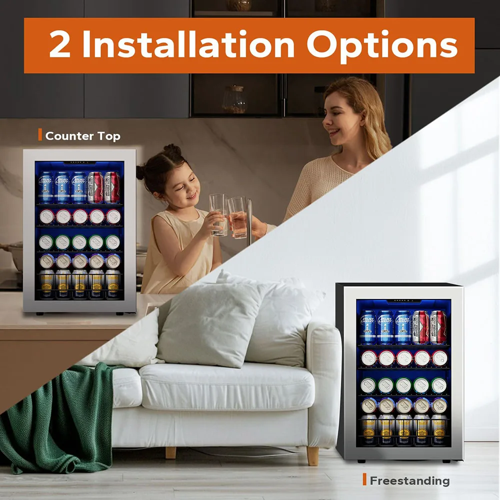 Ca&rsquo;Lefort 80 Can Freestanding Beverage Refrigerator Glass Door Mini Fridge & Cooler for Beer and Soda Ideal for Home or Kitchen